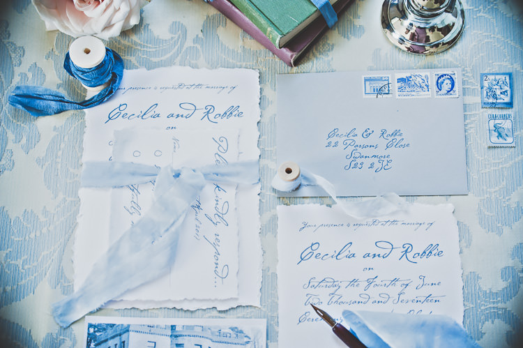 Stationery Letters Suite Calligraphy Blue Ribbons Envelope Stamps Thoroughly Modern Cecilia Atonement Glamorous 1940s Wedding Ideas http://ikonworks.co.uk/