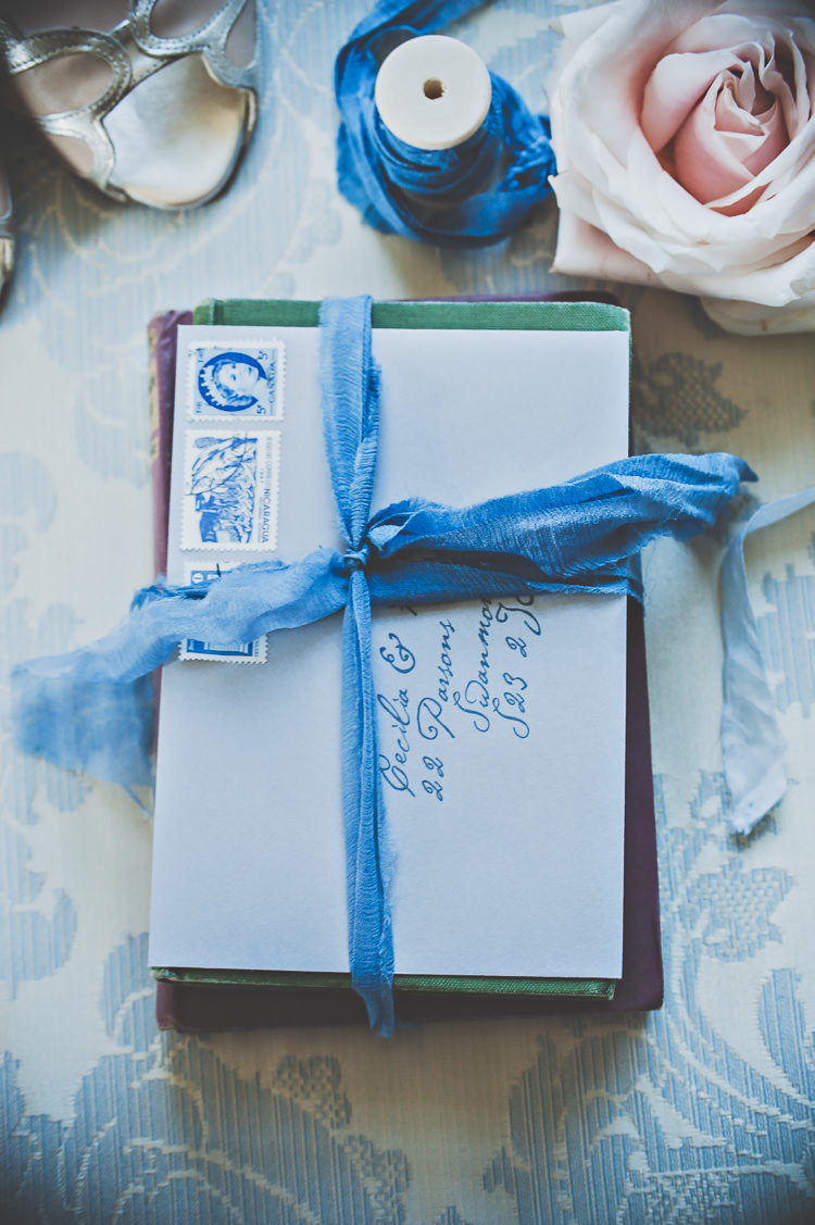 Stationery Letters Suite Calligraphy Blue Ribbons Envelope Stamps Thoroughly Modern Cecilia Atonement Glamorous 1940s Wedding Ideas http://ikonworks.co.uk/