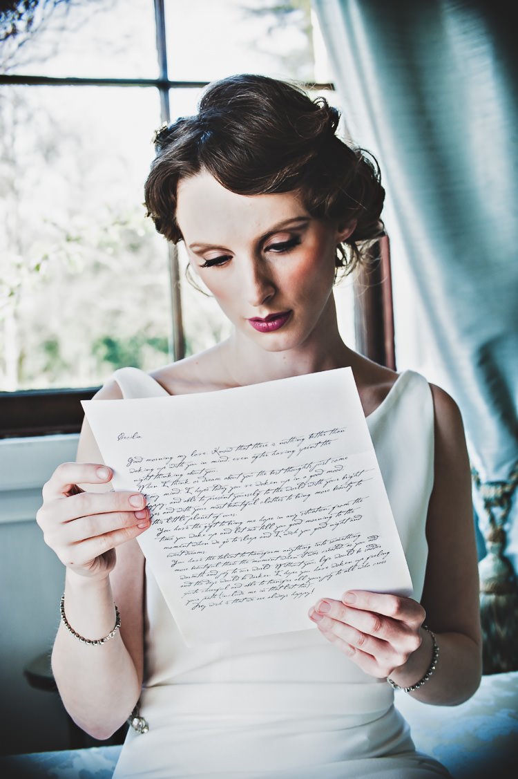 Stationery Letters Suite Calligraphy Blue Ribbons Envelope Stamps Thoroughly Modern Cecilia Atonement Glamorous 1940s Wedding Ideas http://ikonworks.co.uk/