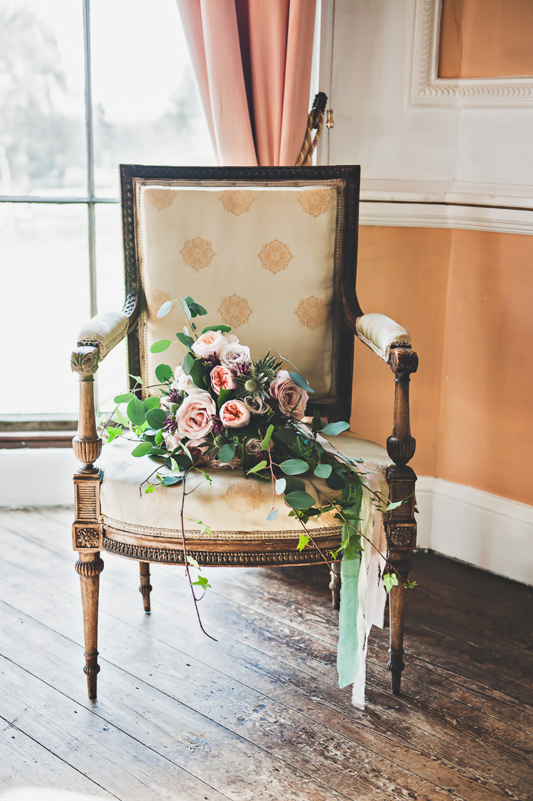 Pink Rose Thistle Bouquet Ribbons Bride Bridal Thoroughly Modern Cecilia Atonement Glamorous 1940s Wedding Ideas http://ikonworks.co.uk/