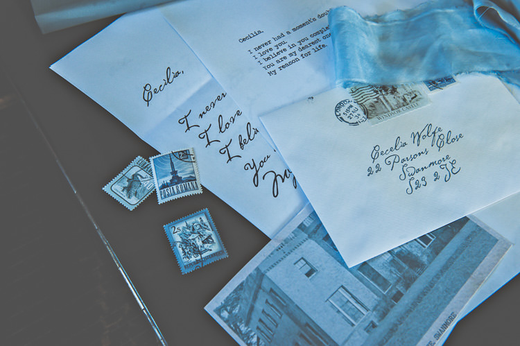 Stationery Letters Suite Calligraphy Blue Ribbons Envelope Stamps Thoroughly Modern Cecilia Atonement Glamorous 1940s Wedding Ideas http://ikonworks.co.uk/