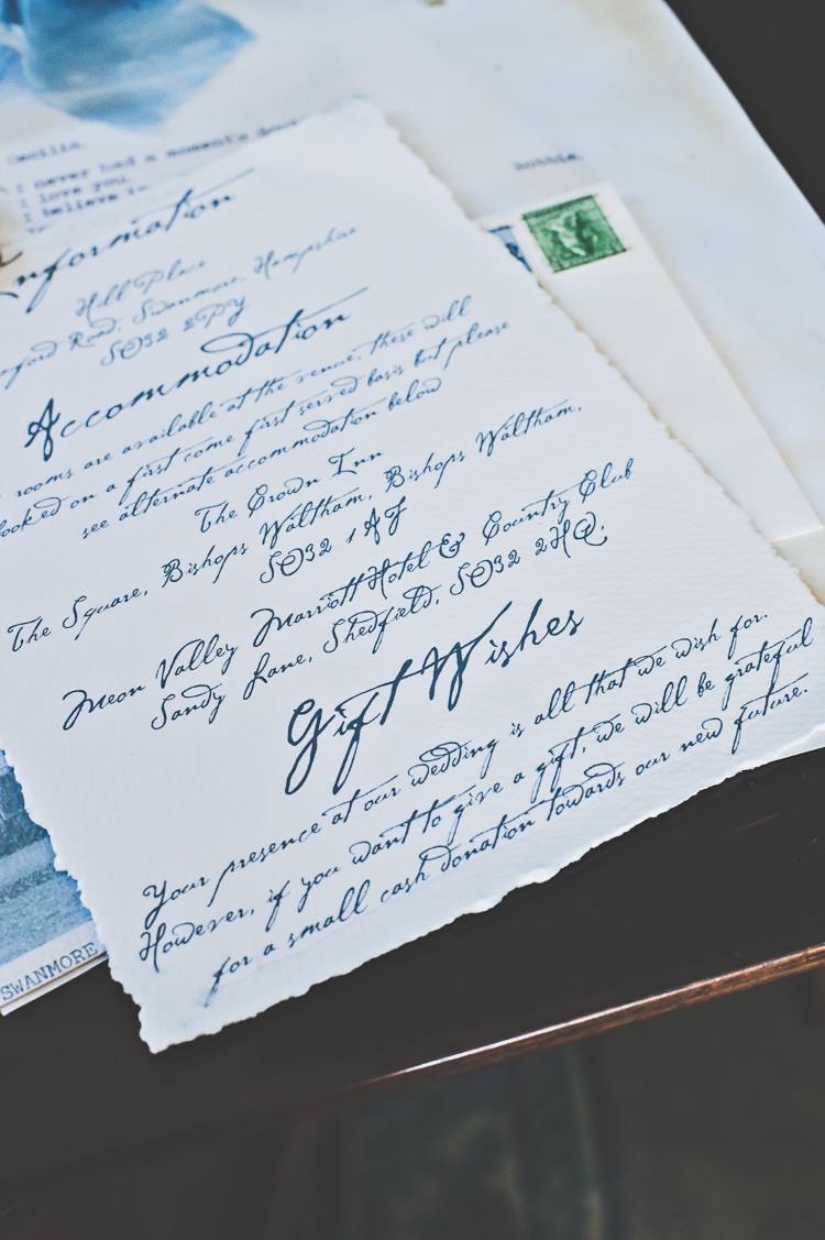 Stationery Letters Suite Calligraphy Blue Ribbons Envelope Stamps Thoroughly Modern Cecilia Atonement Glamorous 1940s Wedding Ideas http://ikonworks.co.uk/
