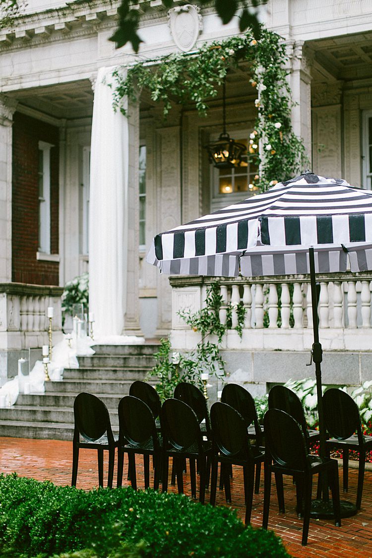 Ceremony Black White Umbrella Chairs Steps Aisle Stone Modern Elegance Marble Greenery Gold Wedding Ideas http://www.jettwalkerphotography.com/