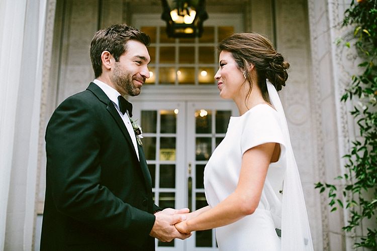 Groom Black Tie Bride Up Do Long Veil Plain Short Sleeve Dress Modern Elegance Marble Greenery Gold Wedding Ideas http://www.jettwalkerphotography.com/