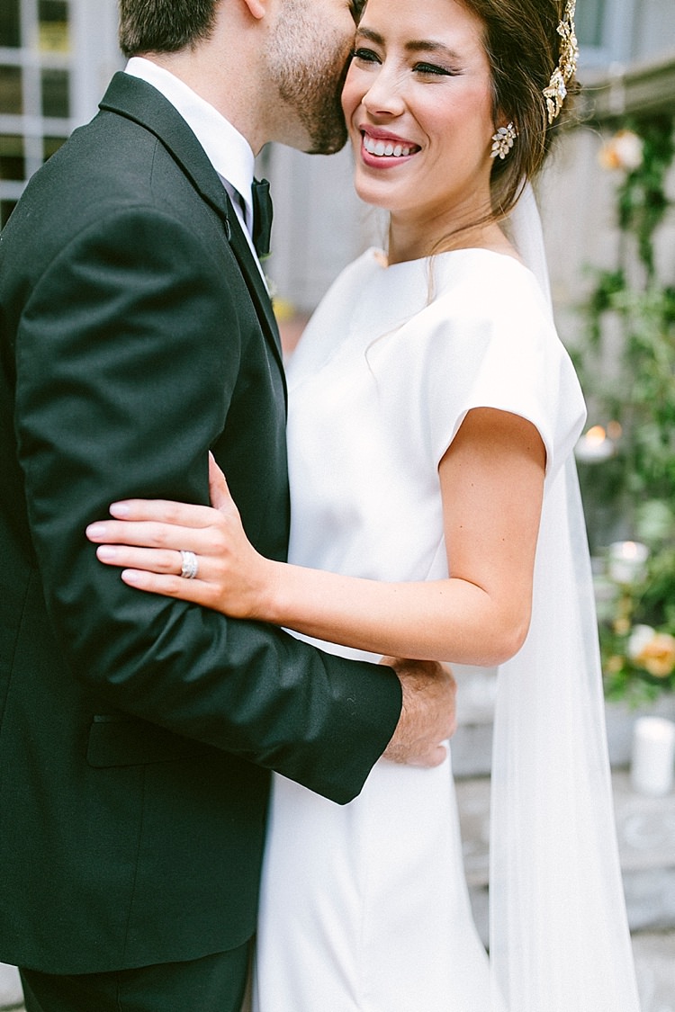 Bride Short Sleeve Plain Dress Engagement Ring Diamonds Gold Tiara Headpiece Long Veil Groom Black Tie Modern Elegance Marble Greenery Gold Wedding Ideas http://www.jettwalkerphotography.com/