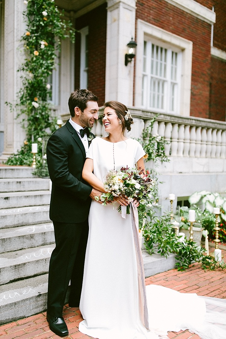 Bride Plain Dress Short Sleeves Groom Black Tie Modern Elegance Marble Greenery Gold Wedding Ideas http://www.jettwalkerphotography.com/