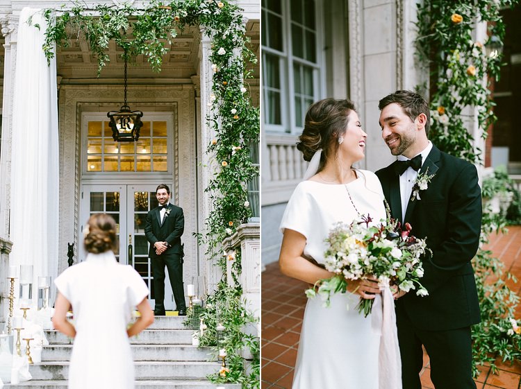 Bride Groom First Look Steps Stone Candles Gold Greenery Laughter Short Sleeve Plain Dress Buttons Modern Elegance Marble Greenery Gold Wedding Ideas http://www.jettwalkerphotography.com/