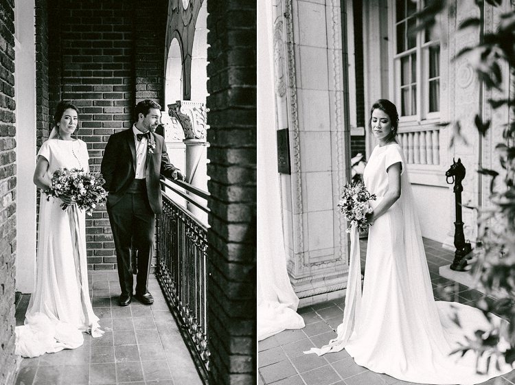 Black Tie Groom Bride Short Sleeve Plain Dress Buttons Long Veil Up Do Bouquet Roses Greenery Modern Elegance Marble Greenery Gold Wedding Ideas http://www.jettwalkerphotography.com/