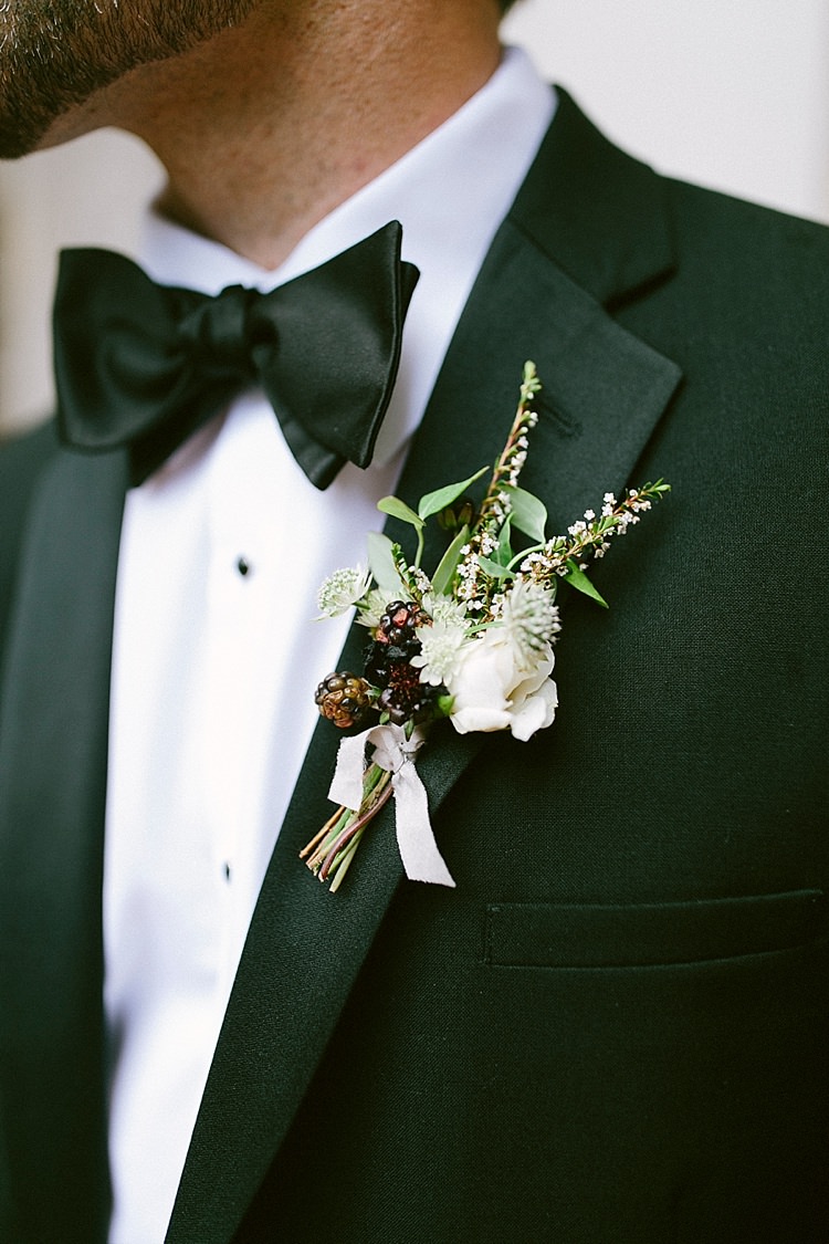 Groom Black Tie Button Hole Berries White Modern Elegance Marble Greenery Gold Wedding Ideas http://www.jettwalkerphotography.com/