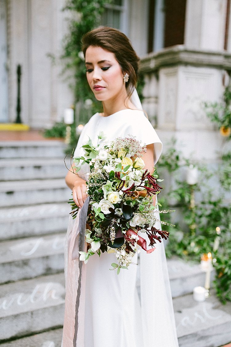 Bride Short Sleeve Plain Dress Long Veil Up Do Bouquet Roses Greenery Modern Elegance Marble Greenery Gold Wedding Ideas http://www.jettwalkerphotography.com/