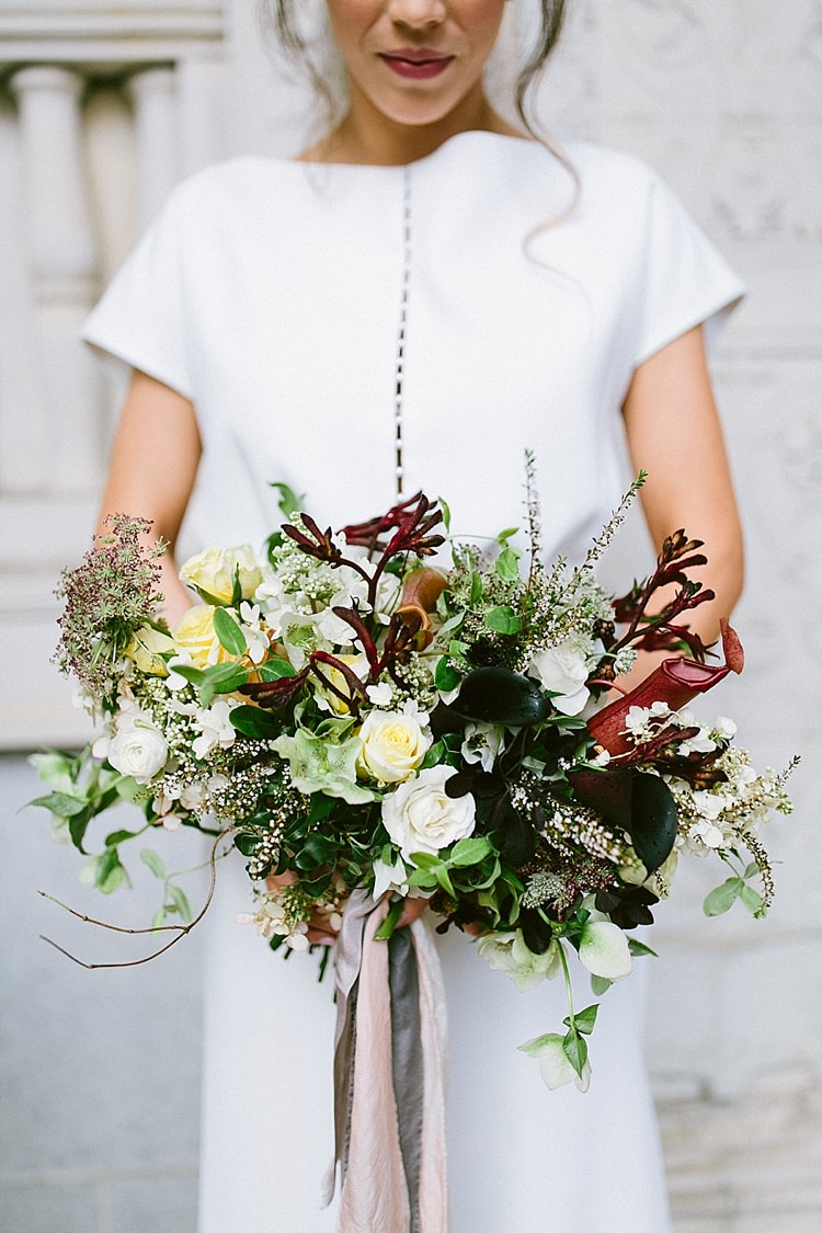 Bride Short Sleeve Plain Dress Buttons Bouquet Rose Black White Blush Greenery Modern Elegance Marble Greenery Gold Wedding Ideas http://www.jettwalkerphotography.com/