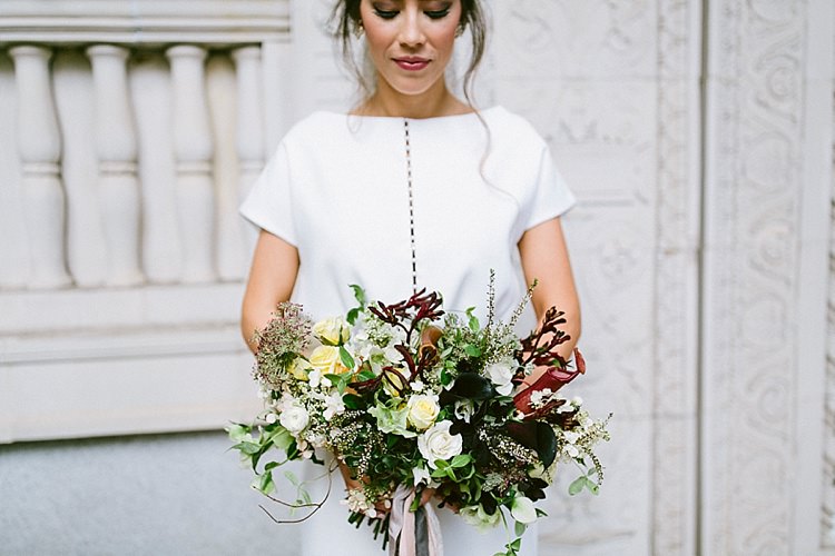 Short Sleeve Dress Plain White Bride Black Bouquet Roses Modern Elegance Marble Greenery Gold Wedding Ideas http://www.jettwalkerphotography.com/