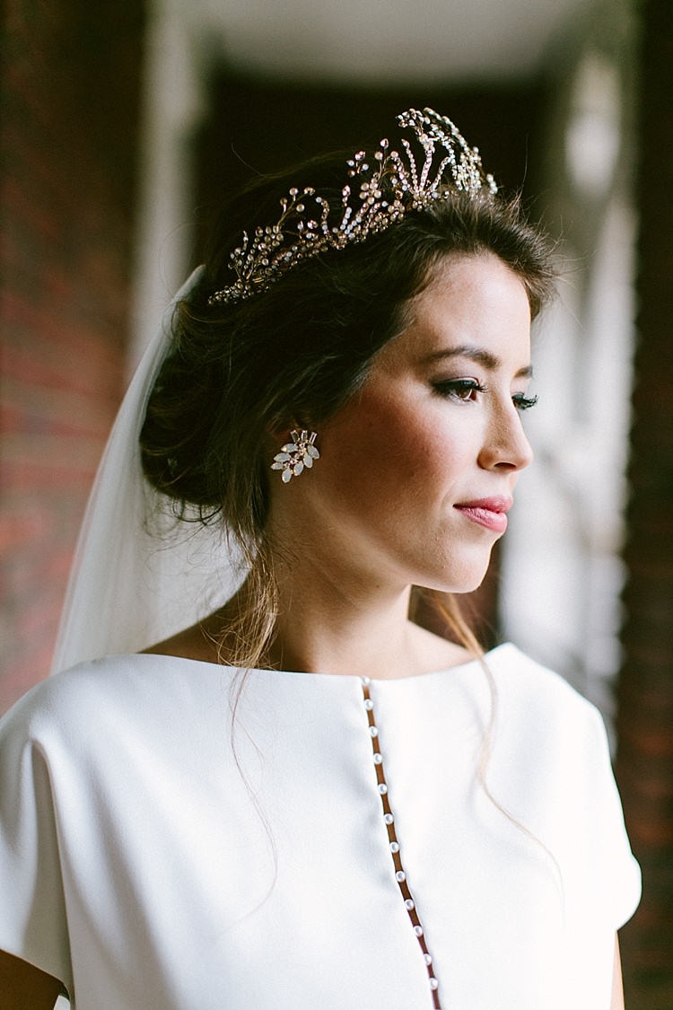 Bride Short Sleeve Plain Dress Buttons Up Do Long Veil Gold Tiara Headpiece Modern Elegance Marble Greenery Gold Wedding Ideas http://www.jettwalkerphotography.com/