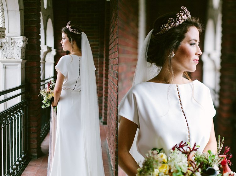 Bride Long Veil Up Do Short Sleeve Dress Plain Buttons Headpiece Tiara Bouquet Modern Elegance Marble Greenery Gold Wedding Ideas http://www.jettwalkerphotography.com/