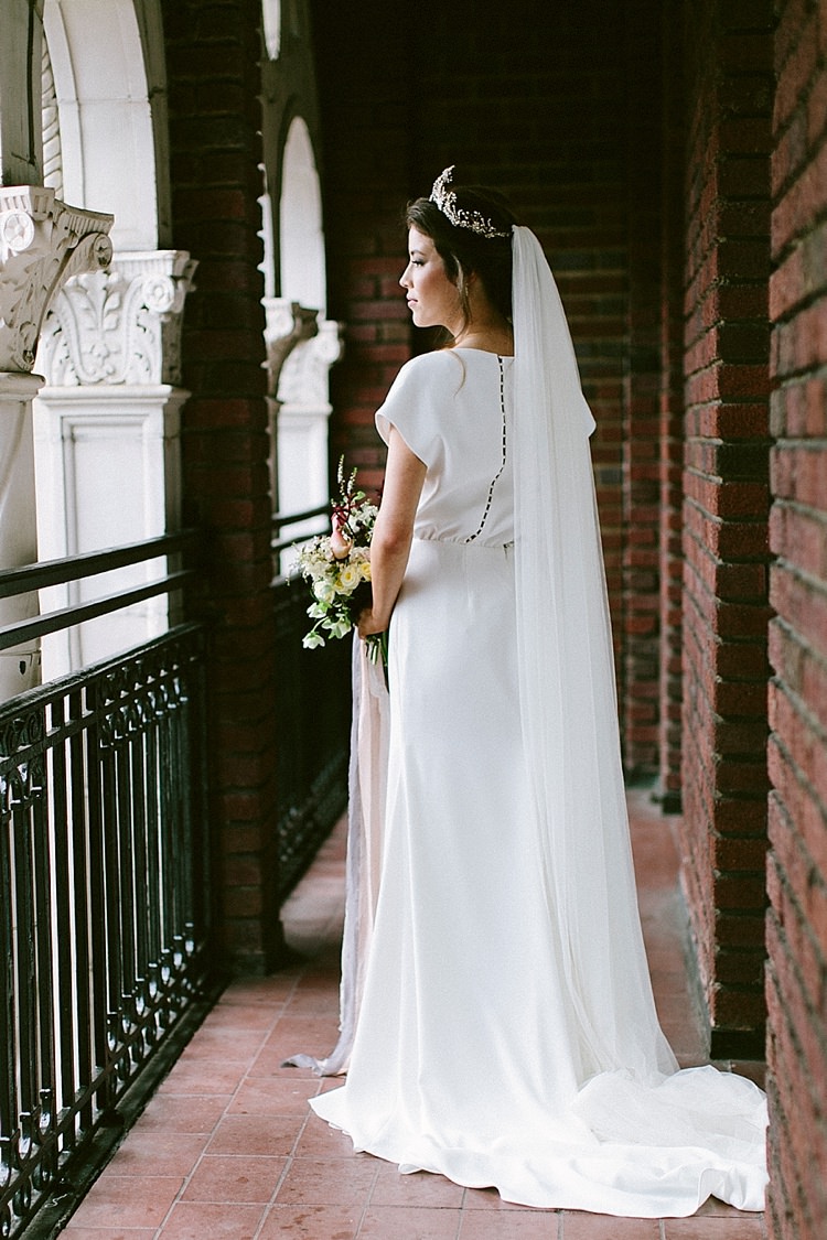 Bride Long Veil Up Do Short Sleeve Dress Plain Buttons Headpiece Tiara Bouquet Modern Elegance Marble Greenery Gold Wedding Ideas http://www.jettwalkerphotography.com/