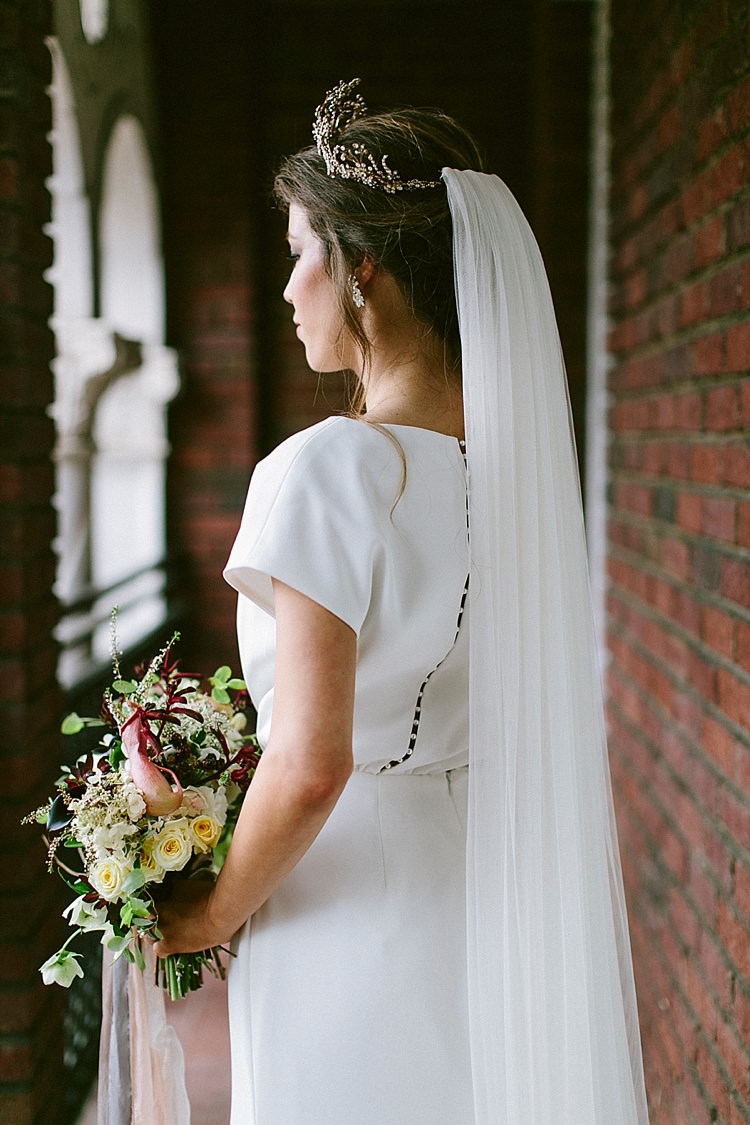 Bride Long Veil Up Do Short Sleeve Dress Plain Buttons Headpiece Tiara Bouquet Modern Elegance Marble Greenery Gold Wedding Ideas http://www.jettwalkerphotography.com/