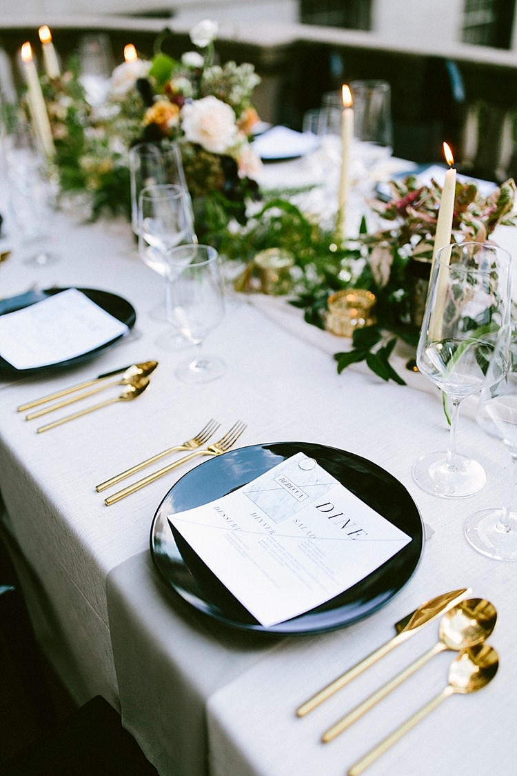 Place Settings Table Candles Cutlery Menus Glassware Modern Elegance Marble Greenery Gold Wedding Ideas http://www.jettwalkerphotography.com/