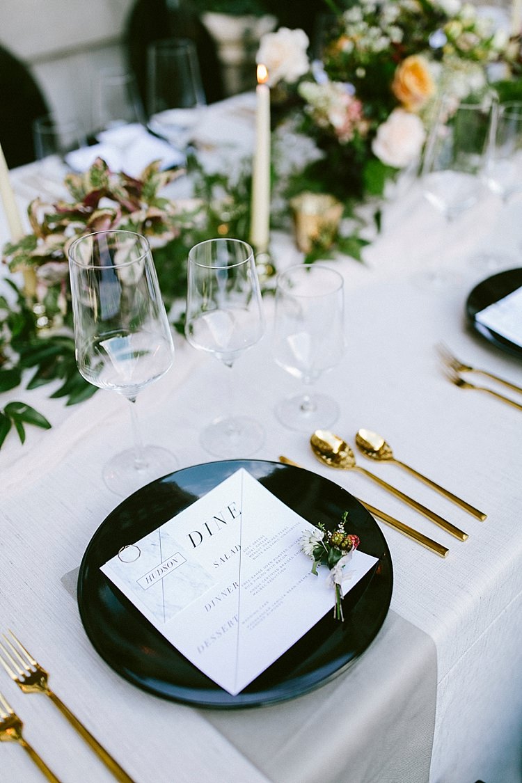 Place Settings Table Candles Cutlery Menus Glassware Modern Elegance Marble Greenery Gold Wedding Ideas http://www.jettwalkerphotography.com/