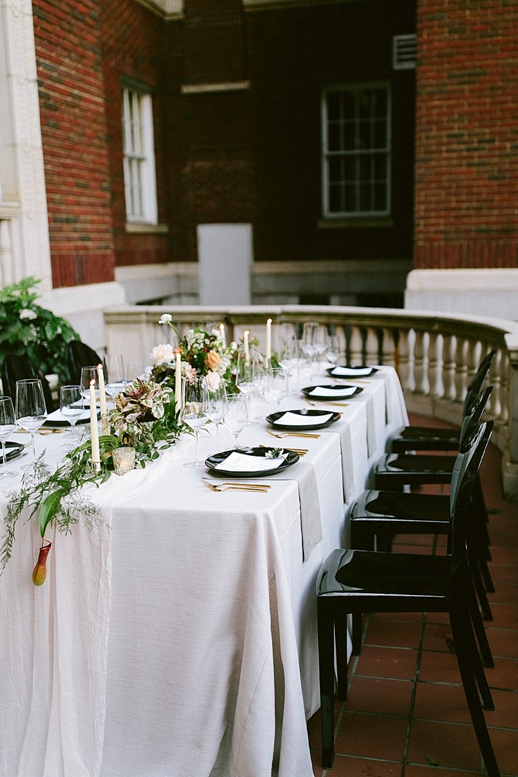 Black White Place Setting Table Decor Chairs Modern Elegance Marble Greenery Gold Wedding Ideas http://www.jettwalkerphotography.com/