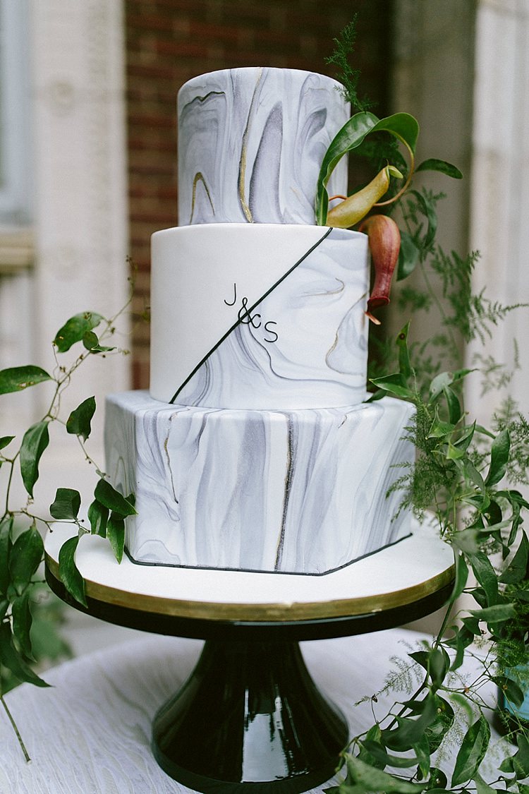 Cake Hexagonal Marble Black White Greenery Initials Modern Elegance Marble Greenery Gold Wedding Ideas http://www.jettwalkerphotography.com/