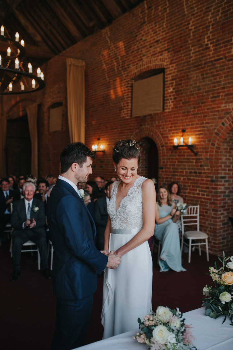 Bride Bridal Suzanne Neville Lace Top V Neck Sleeveless Ribbon Belt Suit Supply Groom Beautifully Serene Beachside Barn Wedding https://joshuapatrickphotography.com/