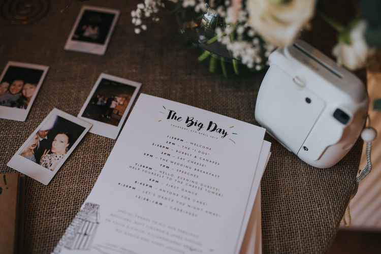 Guest Book Polaroid Burlap Hessian Table Order of the Day Timetable Beautifully Serene Beachside Barn Wedding https://joshuapatrickphotography.com/
