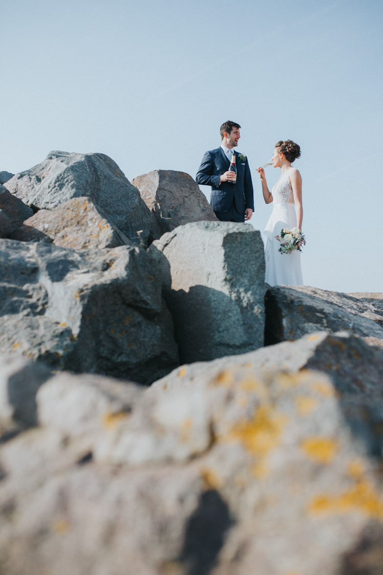 Bride Bridal Suzanne Neville Dress Gown Lace V Neck Suit Supply Groom Champagne Beautifully Serene Beachside Barn Wedding https://joshuapatrickphotography.com/