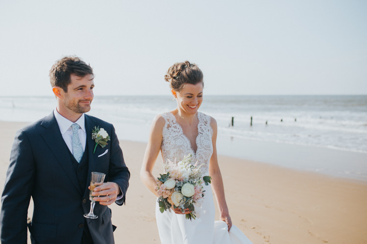 Bride Bridal Suzanne Neville Dress Gown Lace V Neck Suit Supply Groom Blush Bouquet Rose Peony Beautifully Serene Beachside Barn Wedding https://joshuapatrickphotography.com/