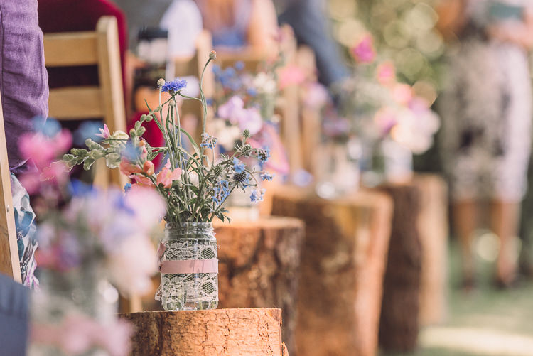 Aisle Decor Log Jam Jars Lace Ribbon Wildflowers Relaxed Outdoor Marquee Farm Wedding http://www.jenniferjanephotography.co.uk/