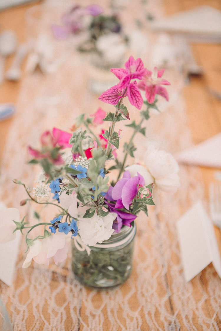 Rustic Tables Setting Wooden Wildflowers Jam Jars Lace Runner Relaxed Outdoor Marquee Farm Wedding http://www.jenniferjanephotography.co.uk/