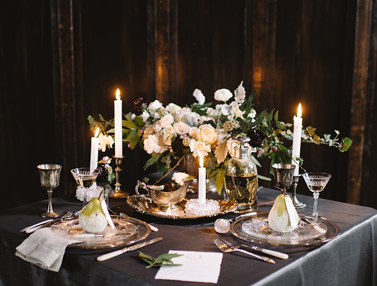 Table Settings Moody Edwardian Winter Wedding Inspiration http://landmhewitt.com/