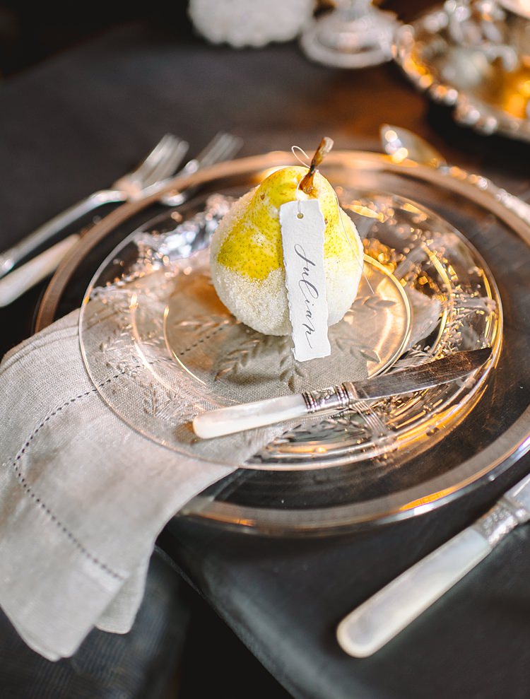 Pear Place Setting Moody Edwardian Winter Wedding Inspiration http://landmhewitt.com/