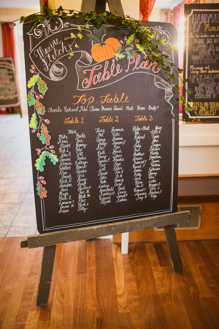 Autumn Inspiration Table Plan Seating Chart Pumpkins Chalk Board Easel http://kathrynedwardsphotography.com/