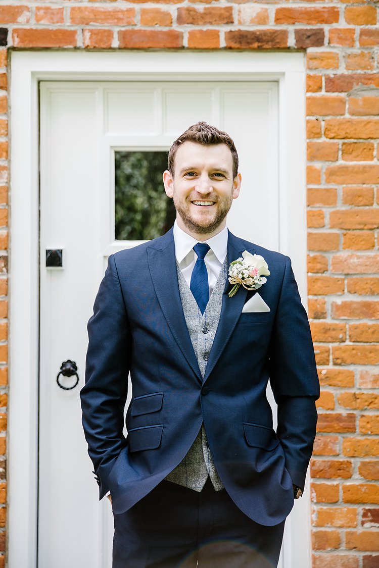 Navy Suit Tie Check Grey Waistcoat Groom Graceful Country Cottage Garden Wedding https://katherineashdown.co.uk/