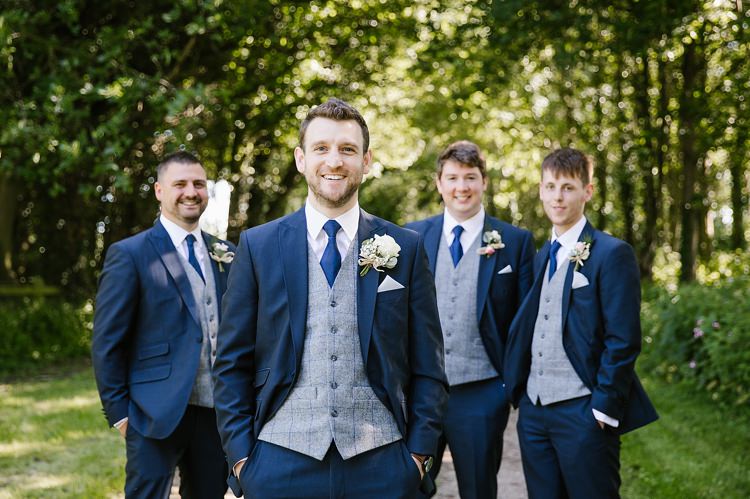 Groom Groomsmen Navy Suits Grey Waistcoat Graceful Country Cottage Garden Wedding https://katherineashdown.co.uk/