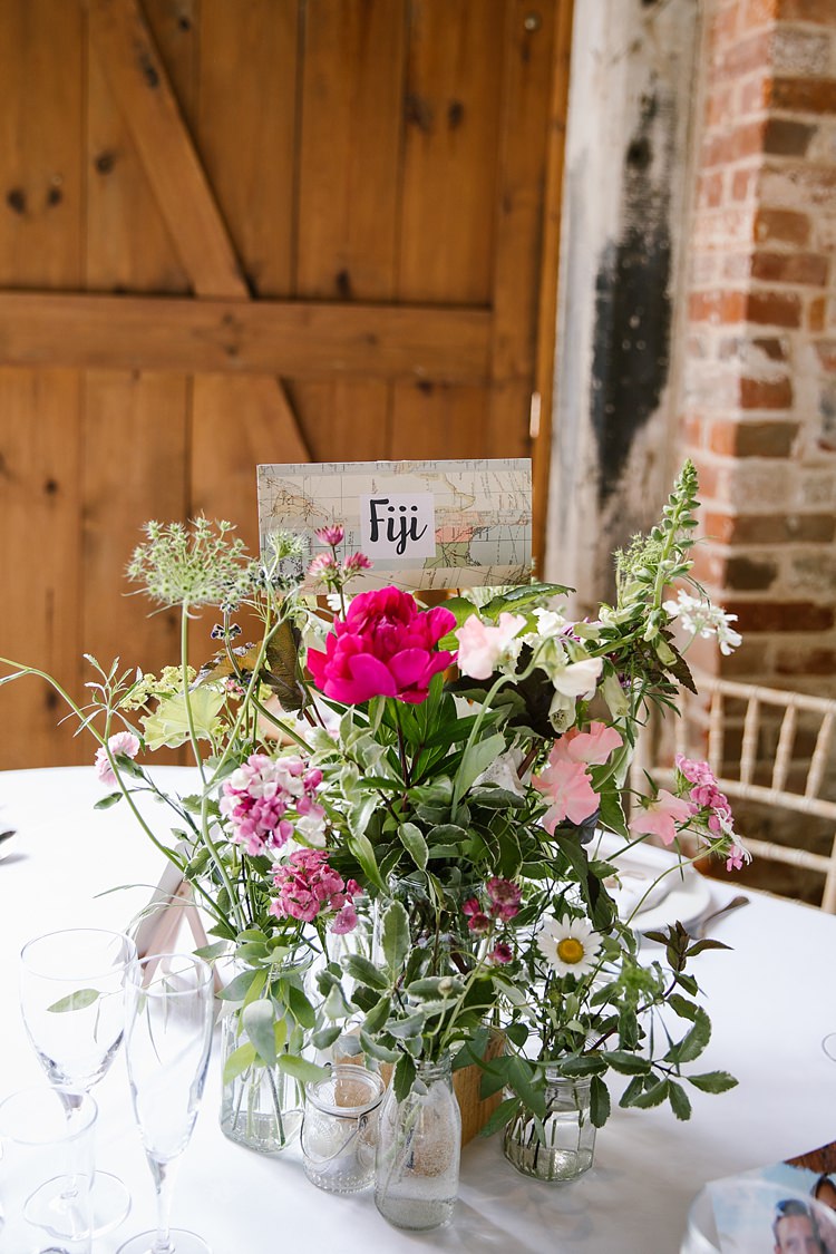 Flowers Centrepiece Place Table Names Countries Graceful Country Cottage Garden Wedding https://katherineashdown.co.uk/