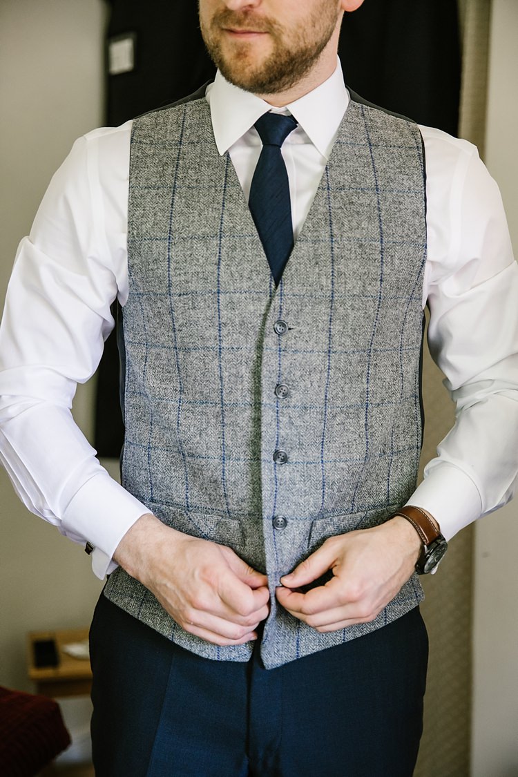 Grey Check Waistcoat Groom Graceful Country Cottage Garden Wedding https://katherineashdown.co.uk/