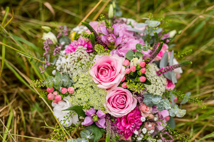 Pink Flowers Bouquet Rose Bery Dahlia Bride Bridal Quirky Natural Outdoor Festival Wedding http://lighteningphotography.co.uk/