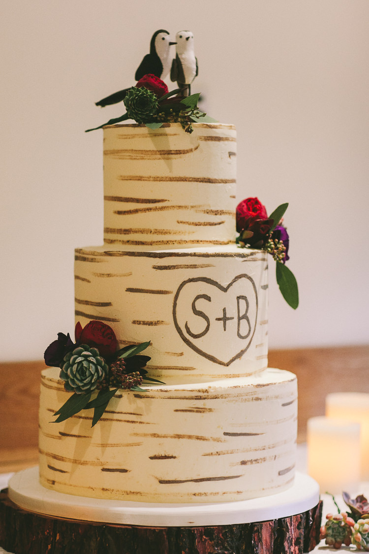 Buttercream Rustic Log Cake Floral Flowers Wood Succulent Bird Penguin Couple Topper Graffiti Initials http://www.weheartpictures.com/