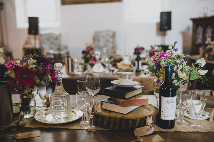 Tables Flowers Books Logs Hessian Quaint Floral Antique Rustic Wedding http://www.larissajoice.co.uk/