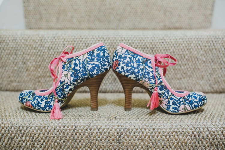 Floral Print Shoes Blue Pink Tassels Bride Bridal Quaint Floral Antique Rustic Wedding http://www.larissajoice.co.uk/