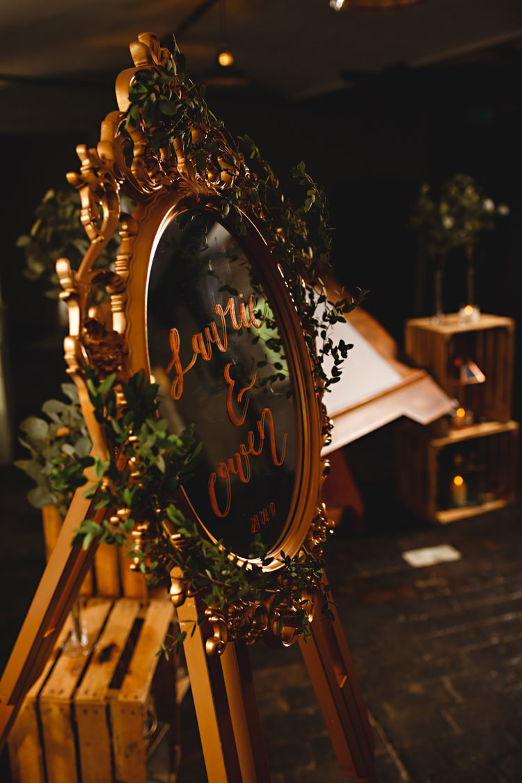 Mirror Sign Calligraphy Industrial Rose Gold Dove Grey Greenery Wedding http://hbaphotography.com/
