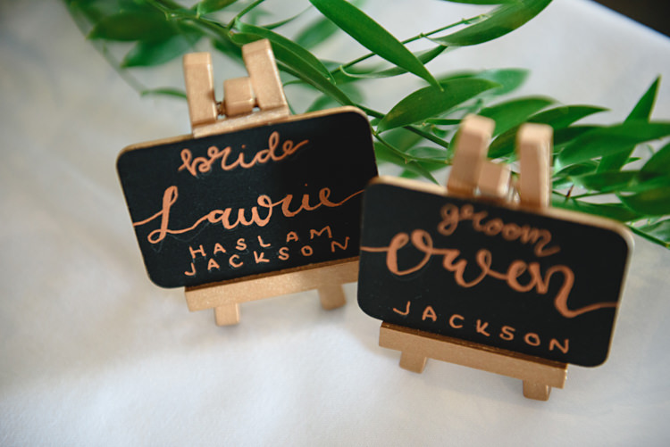 Mini Easel Chalk Black Board Place Names Calligraphy Industrial Rose Gold Dove Grey Greenery Wedding http://hbaphotography.com/
