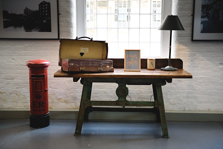 Card Suitcase Table Decor Industrial Rose Gold Dove Grey Greenery Wedding http://hbaphotography.com/