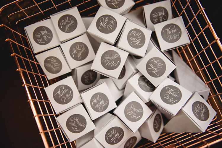 Confetti Boxes Wire Basket Industrial Rose Gold Dove Grey Greenery Wedding http://hbaphotography.com/