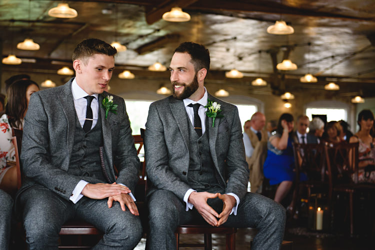 Grey Tweed Groom Suit Black Tie Industrial Rose Gold Dove Grey Greenery Wedding http://hbaphotography.com/