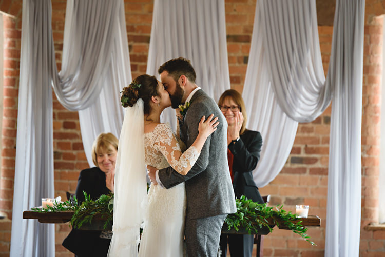 Drapes Swag Fabric Backdrop Ceremony Industrial Rose Gold Dove Grey Greenery Wedding http://hbaphotography.com/