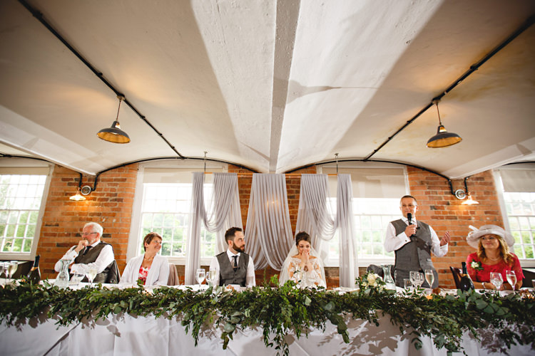 Top Table Swag Foliage Drapes Fabrid Backdrop Industrial Rose Gold Dove Grey Greenery Wedding http://hbaphotography.com/