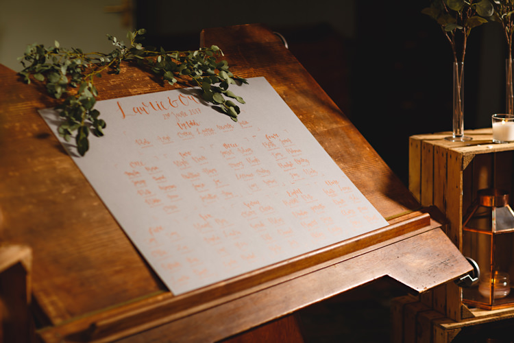 Calligraphy Seating Plan Table Chart Industrial Rose Gold Dove Grey Greenery Wedding http://hbaphotography.com/