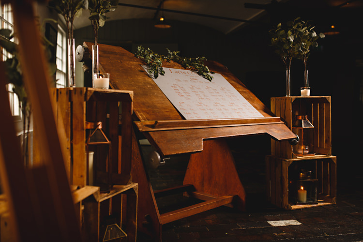 Crate Decor Foliage Industrial Rose Gold Dove Grey Greenery Wedding http://hbaphotography.com/
